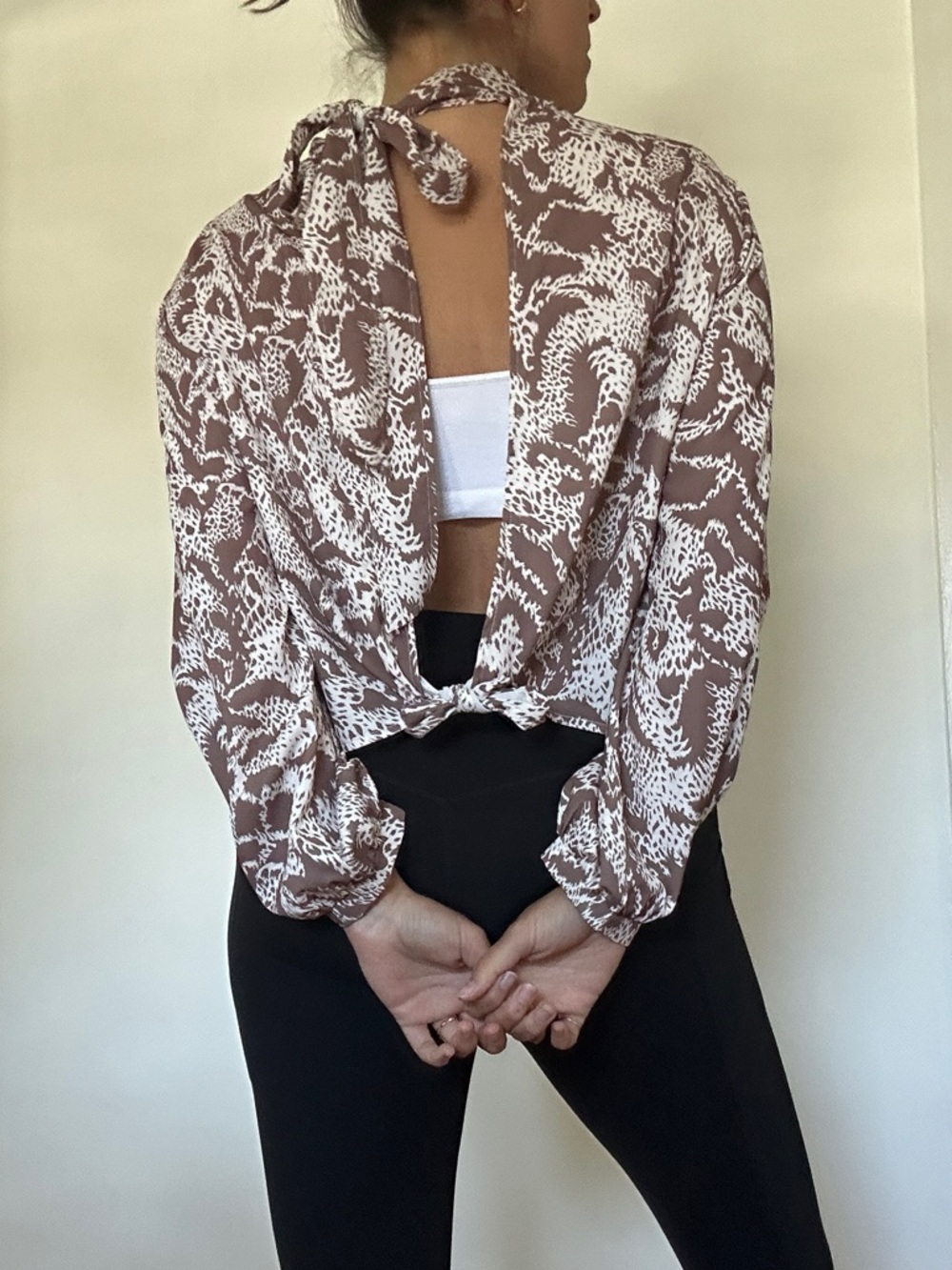 Long Sleeve Mock Neck Printed Blouse Open Back- Brown/White